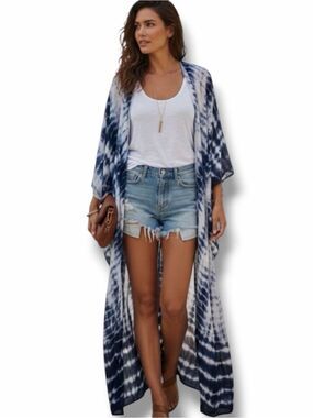 Blue & White Tie Dye Long Flowy Kimono Robe Coverups OSFM